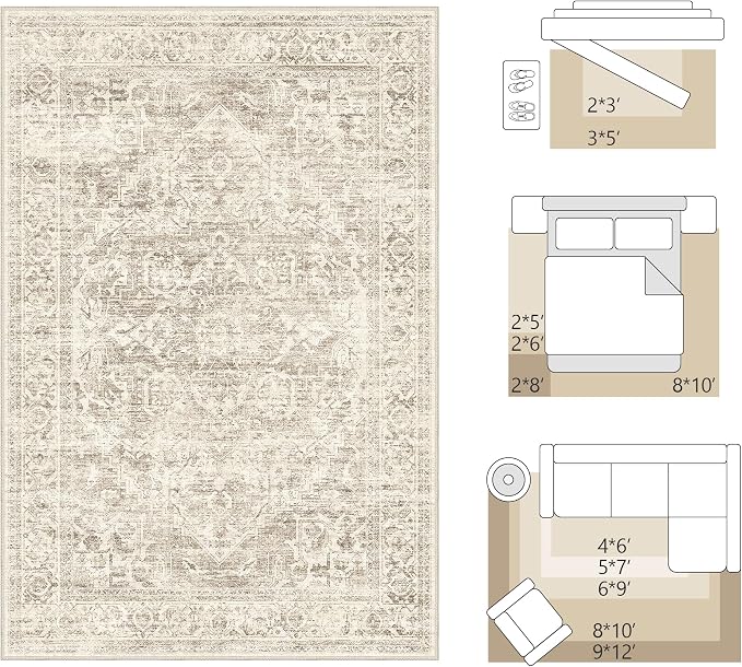 FMFUNCTEX 5x7 Washable Area Rug Neutral Vintage Brown Distressed Non Slip Low Pile Traditional Indoor Carpet for Living Room Bedroom Soft Retro Mat Throw Rug for Dining Office Kitchen Dorm Entryway