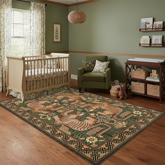 GarveeHome 4x6 Tiger Washable Area Rug for Kids Room, Boho Green Bedroom Rug Non Slip Low Pile Vintage Tribal Carpet Stain Resistant Throw Rug for Dorm Nursery Room Playroom Office Dining Room