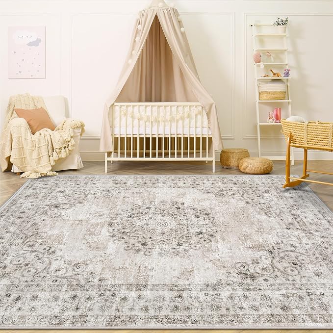 Area Rug 4x6 Vintage Rug: Washable Indoor Medallion Rugs Low Pile Distressed Floor Carpet Retro Accent Rug for Living Room Bedroom Kitchen Dining Table Home Office(Distressed Taupe, 4'x6')