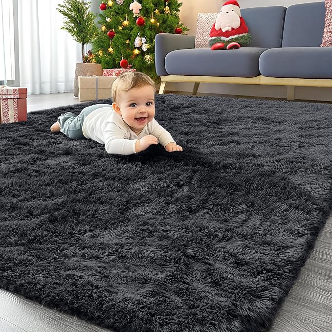 OLANLY 4x10 Area Rugs for Living Room Bedroom, Machine Washable Soft Fluffy Shaggy Bedside Rug, Indoor Floor Carpet for Kids Girls and Boys, Dorms, Nursery Rooms, Home Decor Aesthetic, Black
