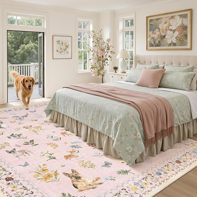 Soalmost Dog 9x12 Pink Area Rugs for Baby Girl Nursery, Washable Soft Rug | Floral Vintage Cute Animal Non-Slip Low Pile Throw Rugs for Living Room Dining Room Bedroom Playroom Classroom 9' x 12'