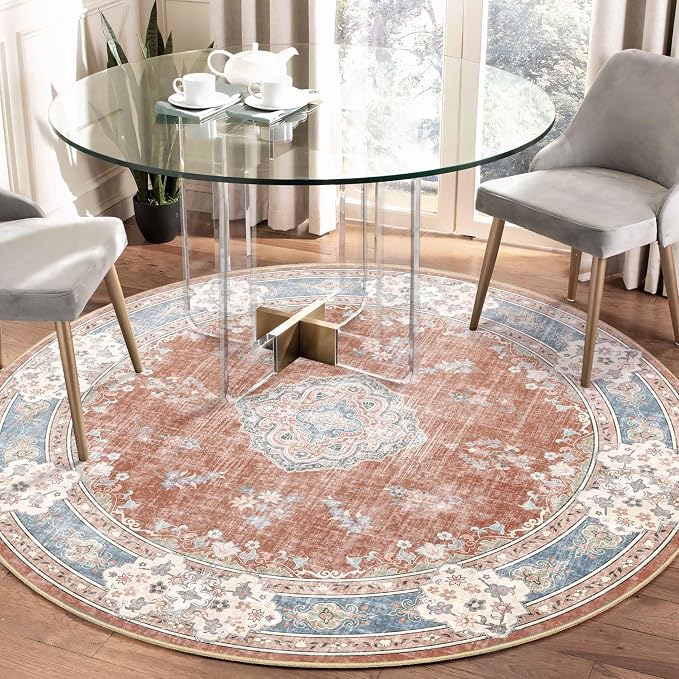 MUJOO Boho Round Rug 5ft,Circle Washable Area Rug Non Slip Low-Pile Floral | Circular Rugs for Bedroom Living Room Dining Room Bathroom Large Throw Carpet Soft Indoor Vintage Flowers Orange Navy Blue