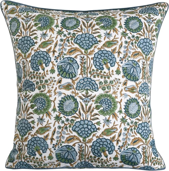 Ridhi Block Print Asparagus Green Pillow Cover 24" x 24" (Pack of 2) Decorative Couch Pillows for Living Room, Farmhouse Chic Boho Cute Outdoor Pillows Covers Gifts for Spring, Mother's Day