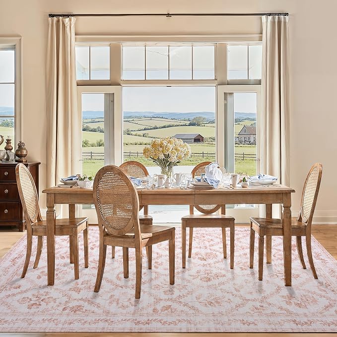 Pink Floral Living Room Rug 9x12 Area Rug for Bedroom Girls Modern Floral Extra Large Distressed Carpet Washable Low Pile Non Slip Light Pink with White Flower Leaf for Nursery 9 by 12