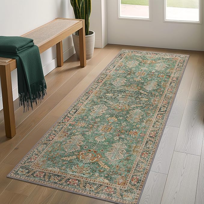 3x5 Rug Washable Small Area Rug Non Slip for Entryway Bedroom Bathroom Kitchen, Boho Green Rug, Thin Low Pile Foldable Carpet, Vintage Farmhouse, Dark Sage/Gold