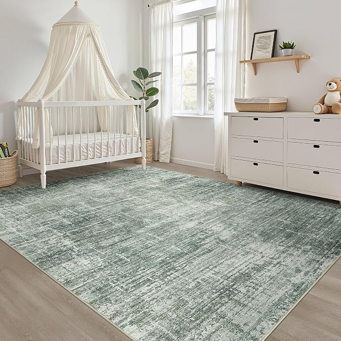 10x14 Area Rugs Living Room: Washable Large Neutral Rug Abstract Soft Modern Stain Resistant Indoor Floor Non-Slip Carpet for Bedroom Nursery Kids Office Playroom Dining Room Under Table- Dark Green