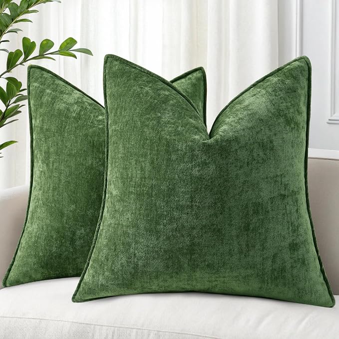 decorUhome Chenille Moss Green Velvet Throw Pillow Covers 18x18 Set of 2 | Fall Soft Couch Decorative Modern Farmhouse Pillow Cases with Elegant Design for Sofa Bed Living Room Home Decor