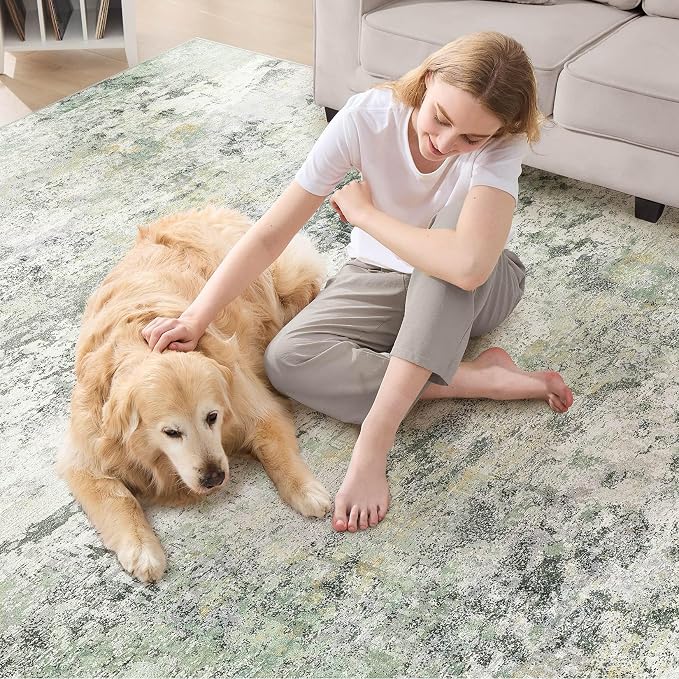 DMOYEST Area Rug Living Room Rugs - 5x7 Large Soft Indoor Neutral Modern Abstract Low Pile Washable Rug Carpet for Bedroom Dining Room Farmhouse Home Office - Green/Grey/Yellow