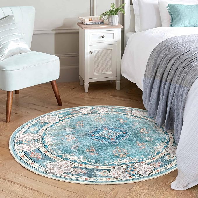 MUJOO Teal Round Rug 4ft Small Circle Washable Area Rug Non Slip Floral | Circular Rugs for Bedroom Living Room Entryway Bathroom Bedroom Boho Throw Carpet Soft Low Pile Indoor Flowers Blue Colorful