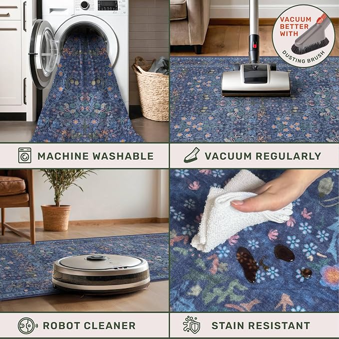 Dark Blue 3x10 Extra Long Wide Runner Rug for Hallway, Non Slip Washable, 10 ft Large Kitchen Indoor Floor Rugs for Entryway, Stain Resistant Vintage Floral Carpet
