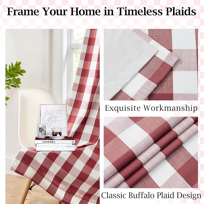 Red White Buffalo Plaid Blackout Curtain Panels 95 Inches Length | Farmhouse Gingham Drapes,Thermal Insulated Window Treatment for Living Room,Rod Pocket Back Tabs,40"Wx95"Lx2