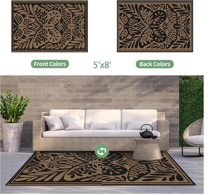 GENIMO Outdoor Rug, Waterproof Plastic Rugs for Patio, 5'x8' Black | Outside Larger Leaf Carpet Mat for Porch Decor, Deck, Balcony, Camping, RV, Backyard, Picnic, Beach, Reversible, Foldable