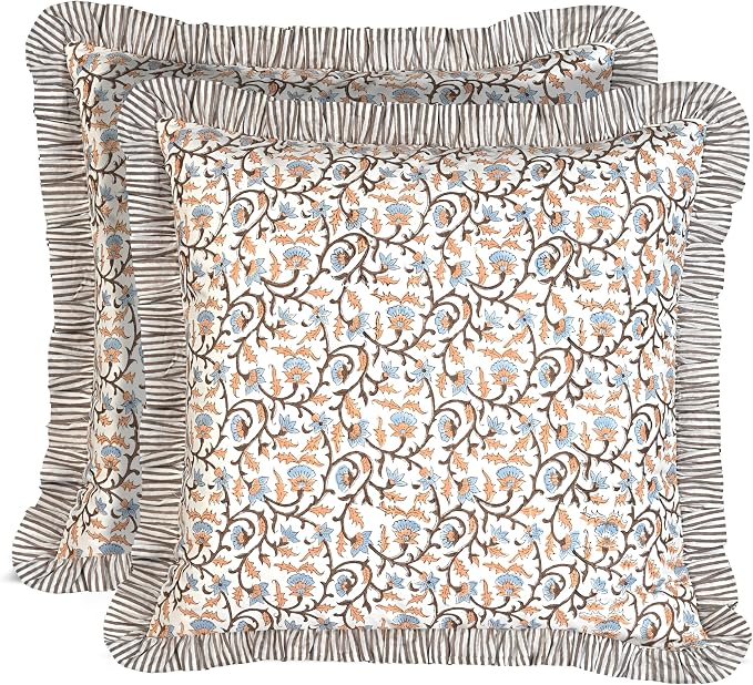 Ridhi Brown Meadow Vine Block Print Ruffle Throw Pillow Cover 24" x 24" (Pack of 2) Decorative Cushion Covers with Ruffle for Couch, Sofa, Bed, Living Room, Home Decor Gift for Spring, Mother's Day
