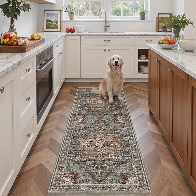 Roxstand 2x6 Washable Runner Rug, Non Slip Hallway Rugs Grey/Brown/Tan | Low Pile Vintage Rug, Stain Resistant, Distressed Runner Rugs for Entryay, Living Room, Bedroom Kitchen Laundry
