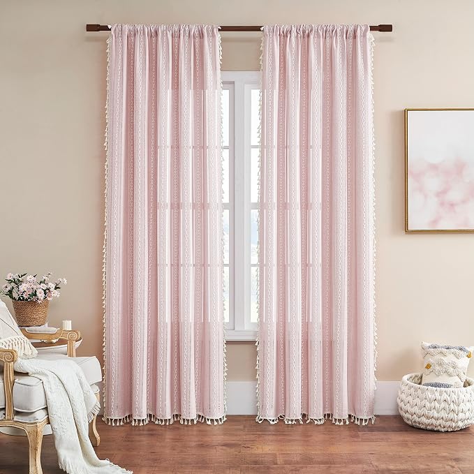 Linen Boho Pink Embroidered Curtains for Girls Bedroom & Nursery - 84" Long, 2 Panels, Light Filtering Farmhouse Drapes (52" W x 84" L)