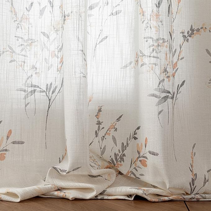 MYSKY HOME Floral Curtains for Bedroom Small Windows Flax Linen Sheer Drapes Light Filtering Flower Decor Country Style Bathroom Panels Set Light Filtering Privacy Blind, 50x54, Yellow, 2 Pcs