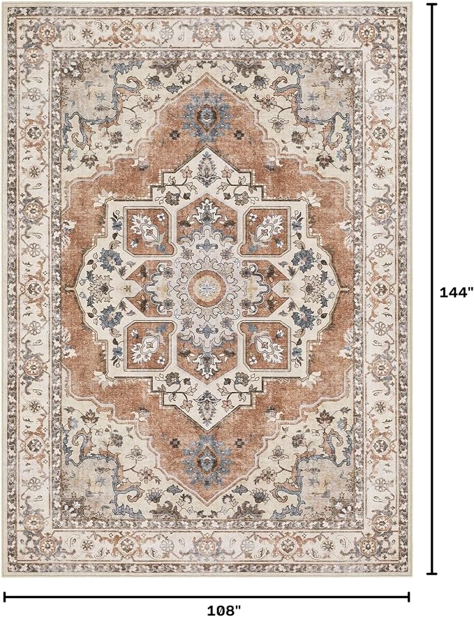 9x12 Washable Area Rug: Vintage Neutral Soft Non Slip Thin Large Floor Carpet for Living Room Bedroom Kitchen Dining Room Home Office Farmhouse Indoor - Brick Red