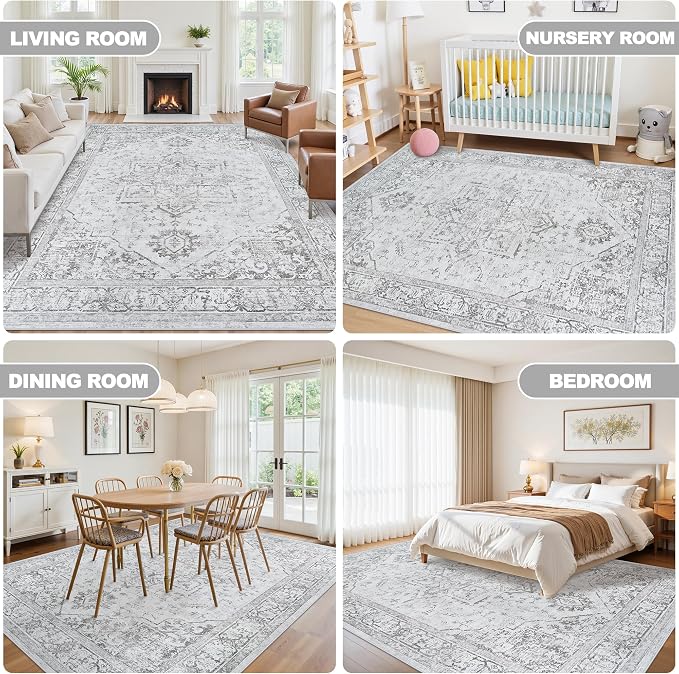 5x7 Area Rugs for Bedroom:Gray Washable Vintage Medallion Rug Non-Slip Soft Low Pile Large Rugs Indoor Retro Carpet for Living Room Kitchen Nursery Dining Table Office (Gray, 5'x7')