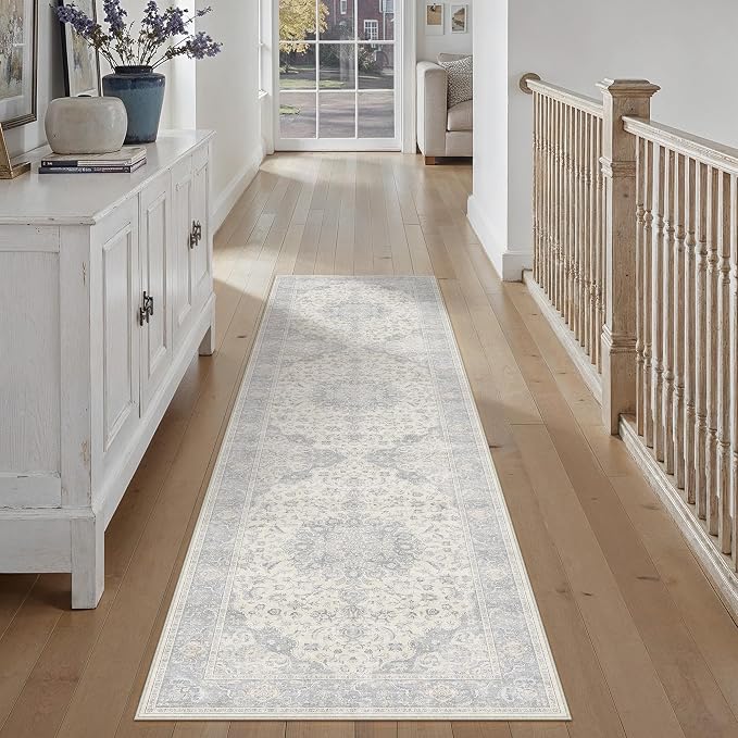 PureCozy 2x6 Washable Runner Rug Neutral Gray Vintage Floral | Non Slip, Soft Low Pile, Hallway Carpet for Kitchen, Entryway, Laundry Room, Farmhouse Decor