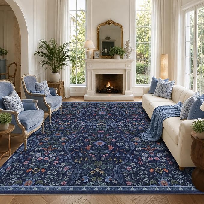 8x10 Washable Area Rug for Living Room, Large Blue Beige Floral Rugs, Soft Non-Slip Stain Resistant Boho Lightweight Carpet for Bedroom Dining Room Nursery Home Office
