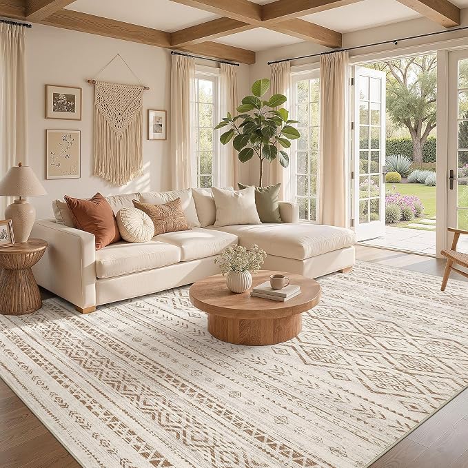 Nakagishi Area Rug Living Room Rugs: 10x12 Large Soft Machine Washable Boho Moroccan FarmNeutral Stain Resistant Indoor Floor Carpet for Bedroom Under Dining Table Home Office Decor-Brown