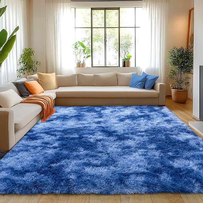 6x9 Large Area Rugs for Living Room, Fluffy Shag Rug for Bedroom | Shaggy Shag Carpet, Soft and Comfy, Non Slip Big Fuzzy Carpet for Kids Girls Boys Room Dorm Home Decor, Tie-Dyed Blue