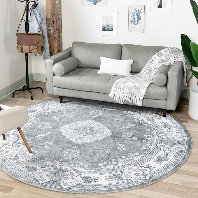 MUJOO Grey Round Rug 6ft,Circle Washable Area Rug Non Slip Low-Pile Floral | Large Circular Rugs for Bedroom Living Room Dining Room Boho Throw Carpet Soft Floor Indoor Vintage Bohemian Flowers