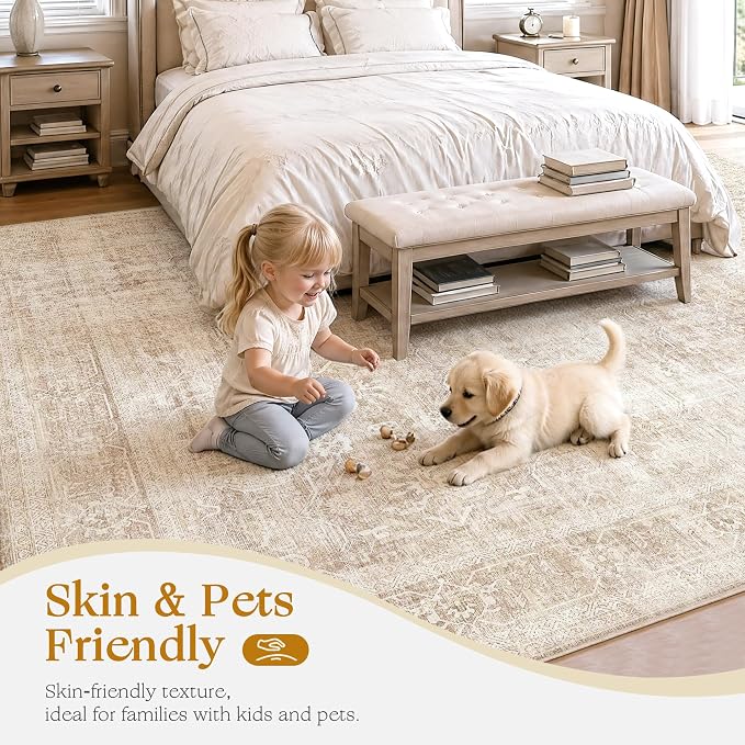Beauoop 5x7 Washable Beige Neutral Vintage Large Area Rug for Living Room | Distressed Oriental Retro Traditional Non Slip Low Pile Thin Soft Indoor Rug Cream Pattern Bedroom Dining Room Office Nursery