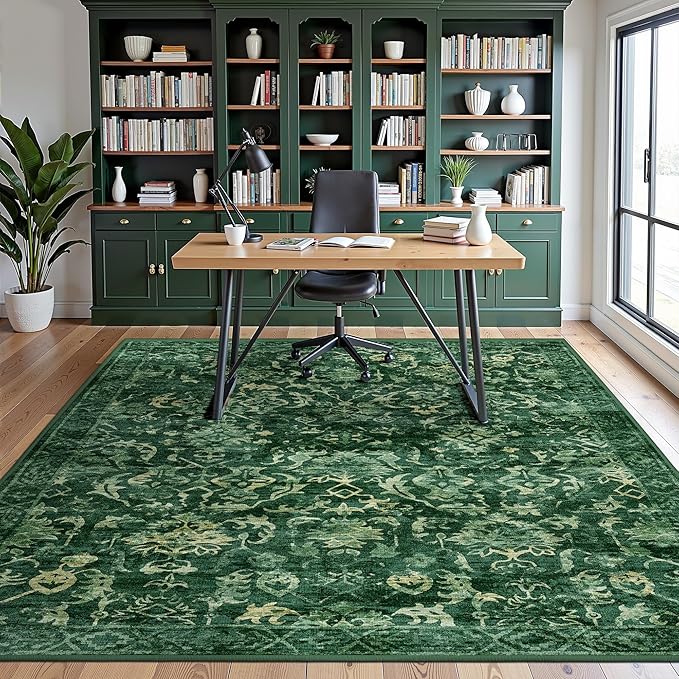 Deep Green Area Rugs 5x8 for Living Room, Washable Vintage Rugs for Bedroom, Distressed Throw Rug, Non Slip Rug Carpet for Bedroom Dining