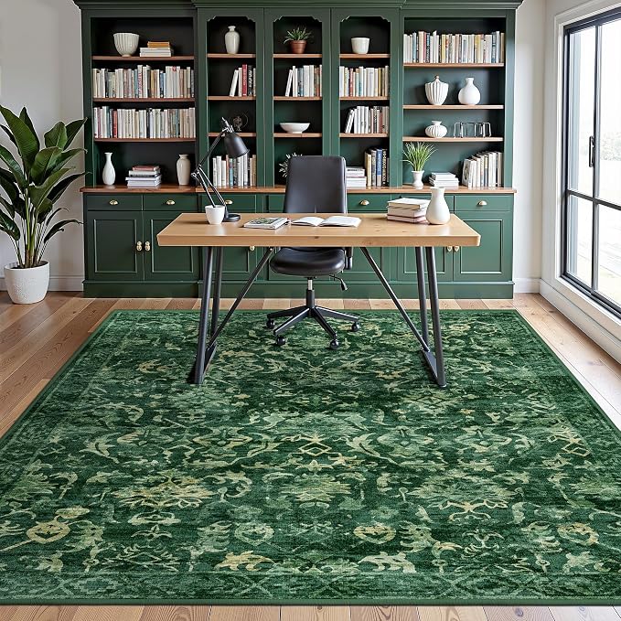 Deep Green Area Rugs 6x8 Rugs for Living Room, Washable Vintage Rugs for Bedroom, Distressed Throw Rug, Non Slip Rug Floral Carpet Green Area Rug for Bedroom Dining