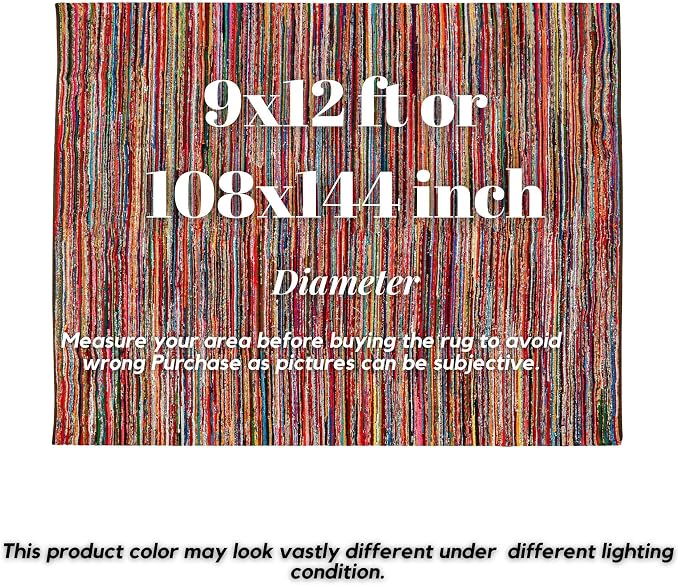 Chindi Rug 9x12, Boho Living Room Woven Braided Multicolor Area Rugs 9x12, Bohemian Colorful Recycled Cotton Rag Rugs for Farmhouse, Bedroom, Dining Room, Classroom, Hallway