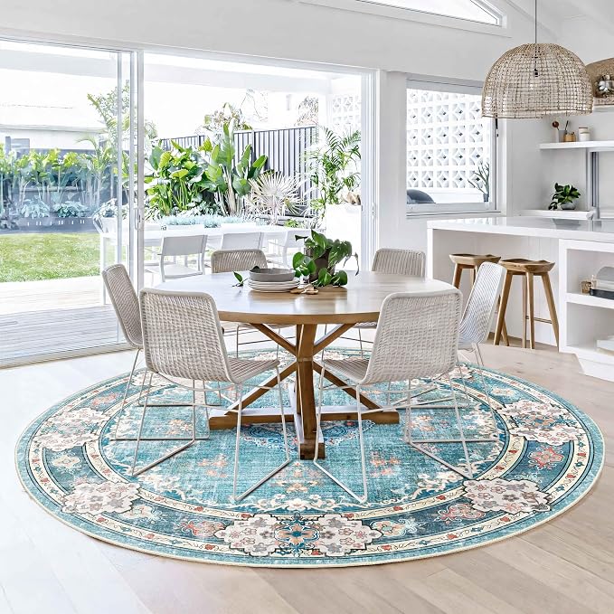 MUJOO Teal Round Rug 6ft,Circle Washable Area Rug Non Slip Low-Pile Floral | Large Circular Rugs for Bedroom Living Room Dining Room Boho Throw Carpet Soft Floor Indoor Flowers Blue Colorful