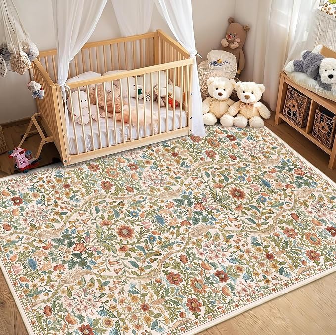 5×8 Area Rugs Beige Washable Floral Rug,Vintage Boho Soft Low-Pile Living Room Rugs, Stain Resistant Botanical Non-Slip Carpet for Bedroom,Dining Room, Kids Nursery,Home Decor