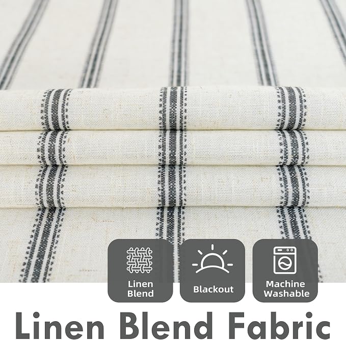 DriftAway Farmhouse Stripe Blackout Curtains, W52xL108, Black | Blackout, Linen Texture, Stripe Pattern, Rod Pocket & Back Tab, Two Layers, Bedroom Living Room Use, Sound Reducing Design