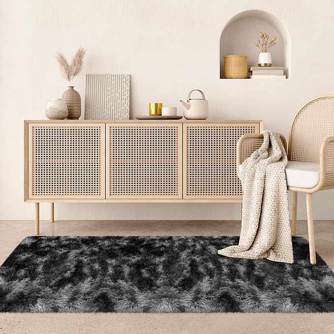 2x6 Fluffy Soft Runner Rug for Bedroom Living Room, Dark Grey and Black Carpet Runners for Hallways Non-Slip Shaggy Bedside Long Rug, Fuzzy Shag Bedroom Runner for Kids Room Dorm Nursery