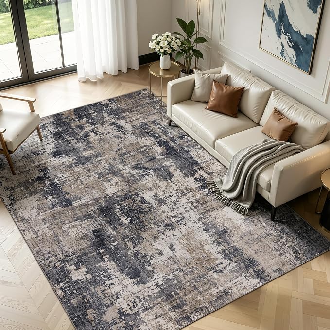 Sasttie 9x12 Soft Area Rug for Living Room, Modern Abstract Washable Large Carpet for Bedroom, with Non-Slip Backing, Black and Beige