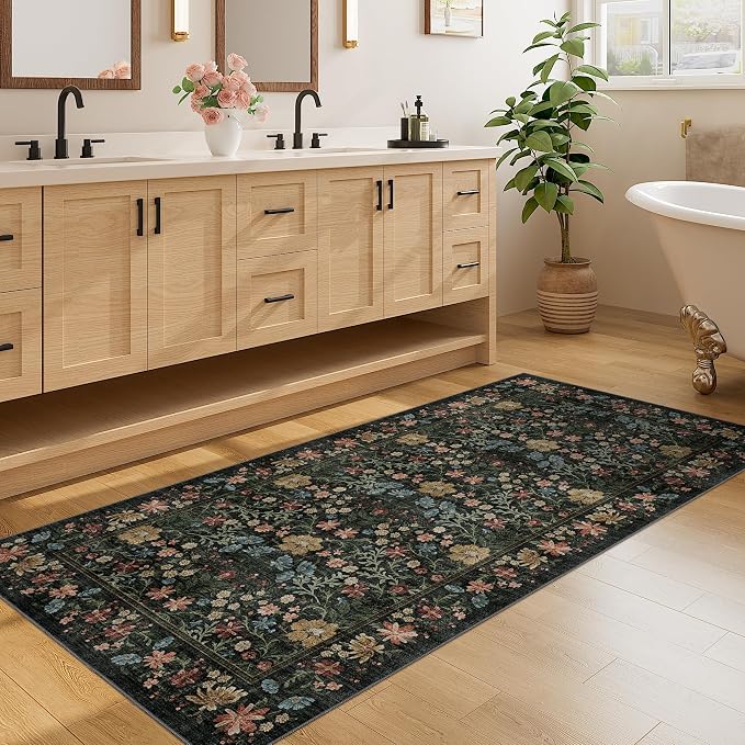 DUKINO 3x6 Kitchen Runner Rug, Washable Vintage Floral Area Rug, Black | Non Slip, Low Pile, Non-Shedding, Aesthetic Soft Indoor Carpet for Hallway Bedroom Entryway Laundry Room Bathroom Farmhouse