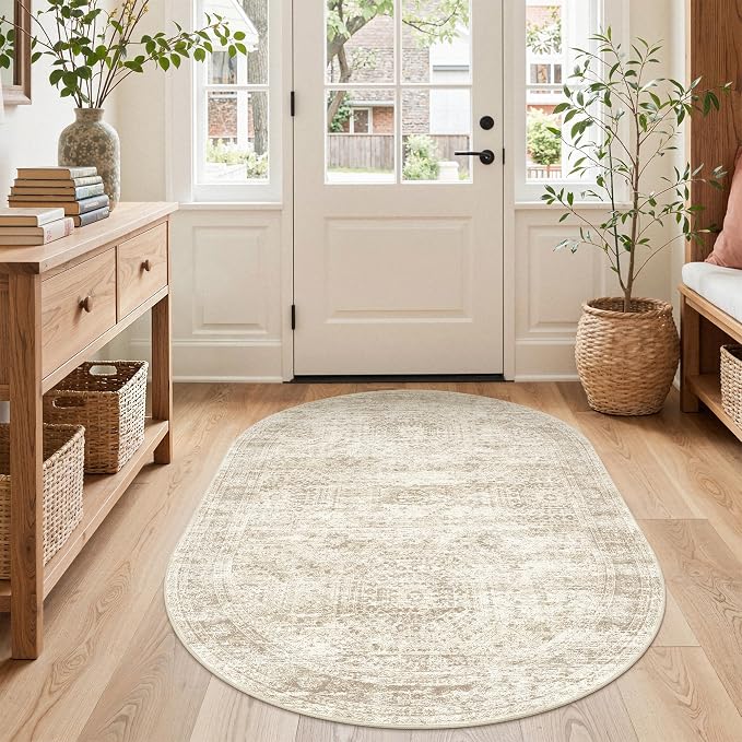 3x5 Oval Rug for Bedroom,Washable Area Rug,Beige | Small Rug for Dining Room,Living Room,Dorm,Thin,Soft, Neutral Rug,Stain Resistant Indoor Carpet,Non Slip