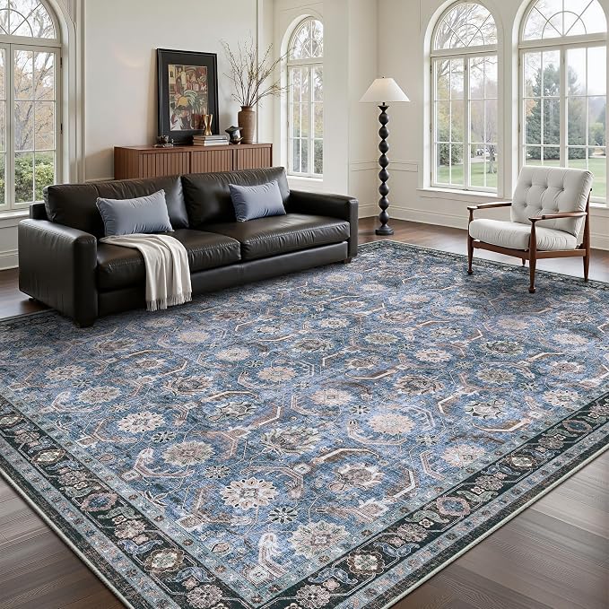 8x10 Area Rugs, Soft Non Slip Low Pile Washable Rug, Boho Modern Rug for Living Room, Bedroom, Dining Room, Blue