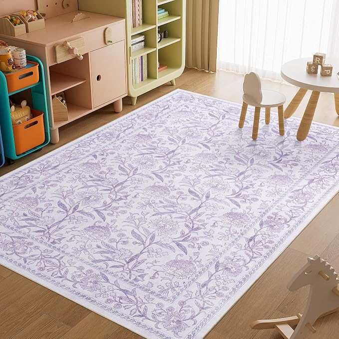DUKINO 6x9 Area Rug, Vintage Floral Washable Rugs for Living Room, Purple | Non Slip, Low Pile, Non-Shedding, Stain Resistant Soft Large Carpet for Bedroom Home Office Dining Room Farmhouse, Home Decor