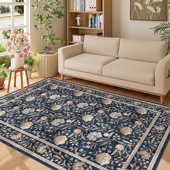 DUKINO 5x7 Area Rug, Vintage Floral Washable Rug for Living Room, Navy Blue | Non Slip, Low Pile, Non-Shedding, Stain Resistant Lightweight Boho Soft Carpet for Bedroom Home Office Dining Room Farmhouse
