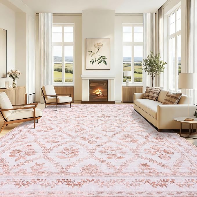 TWODRAPES Pink and White Boho Living Room Rug 8x10 Area Rug for Bedroom Girls Women Floral Leaf Farmhouse Distressed Soft Carpet Washable Low Pile Non Slip Large Blush Pink Nursery 8 by 10 Ft