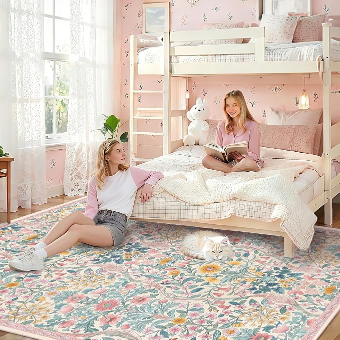 9x12 Pink Vintage Floral Area Rug,Washable Large Boho Living Room Rugs,Botanical Print Non-Slip Stain Resistant Lightweight Carpet for Bedroom Dining Room Nursery
