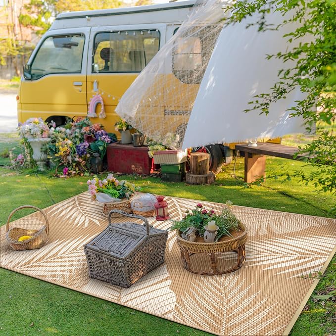 GENIMO Outdoor Rug, Waterproof Plastic Rugs for Patio, 6'x9' Brown Beige | Outside Larger Leaf Carpet Mat for Porch Decor, Deck, Balcony, Camping, RV, Backyard, Picnic, Beach, Reversible, Foldable