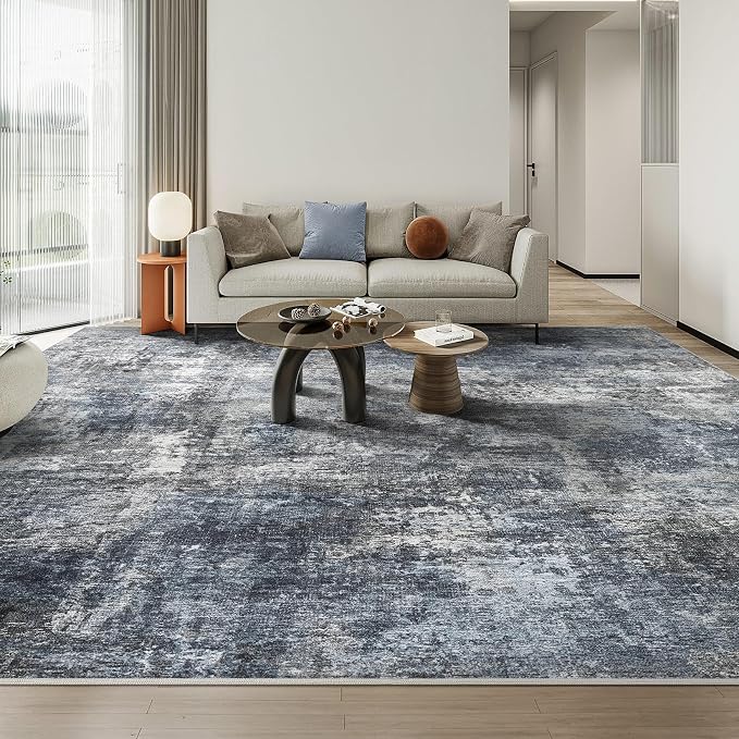 Abstract 9x12 Area Rug: Machine Washable Non Slip Ultra Thin Low-Pile Carpet, Soft Stain Resistant for Living Dining Room Bedroom, Kid Pet Friendly, Robot Vacuum Compatible - Dark Grey/Blue