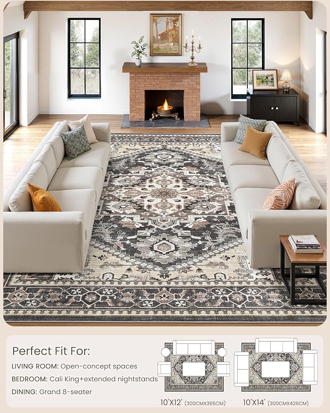 10x12 Vintage Area Rug: Washable Neutral Soft Non Slip Thin Large Floor Carpet for Living Room Bedroom Kitchen Dining Room Home Office Farmhouse Indoor - Black