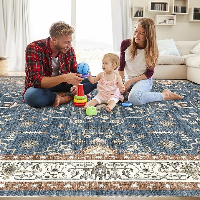 10x12 Area Rug for Living Room- Machine Washable Soft Oriental Vintage Large Indoor Floor Carpet for Bedroom Under Dining Table Home Office Decor - Dark Blue
