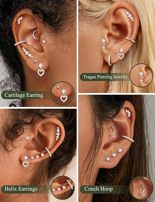 LOLIAS Hypoallergenic Flat Back Earrings for Women Cartilage Earrings Stacks-20G Surgical Stainless Steel Flatback Stud Hoop Earring Set Daith Conch Tragus Helix Piercing Jewelry