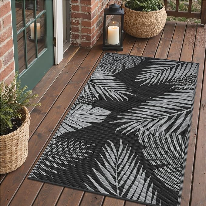 GENIMO Outdoor Rug 3'x5' Waterproof for Porch, Plastic Door Mat Black Grey | Outside Leaf Carpet for Patio Decor, Balcony, Deck, Backyard, Picnic, Camping, RV, Reversible, Foldable, Lightweight