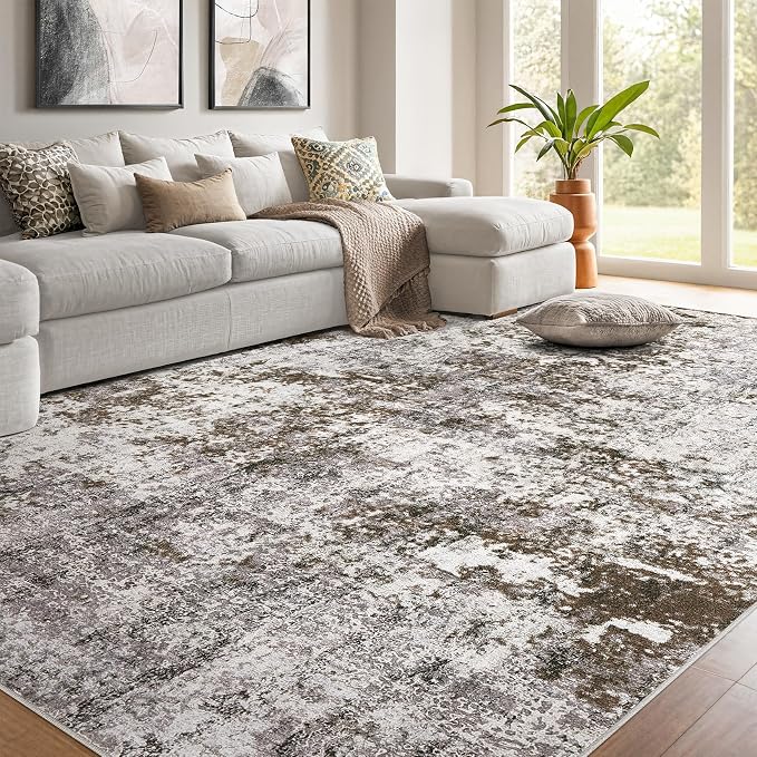 DMOYEST 10x14 Area Rug for Living Room, Washable & Non Slip Large Indoor Carpet, Kid & Pet Friendly Soft Thin Low Pile Abstract Rug for Bedroom and Office - Dark Brown